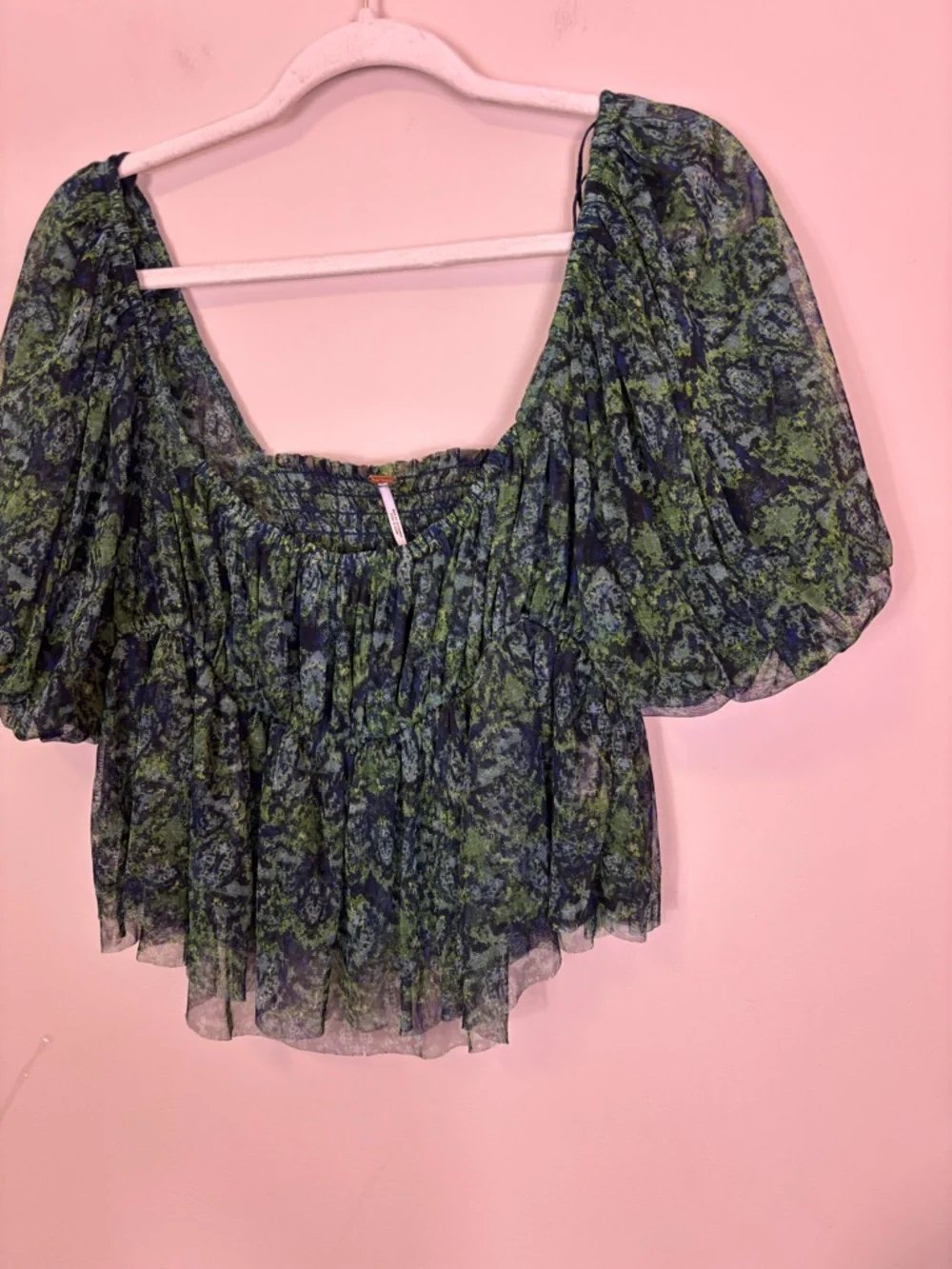 Free People Navy and Green Floral Square Neckline Short Sleeve Blouse Top XL